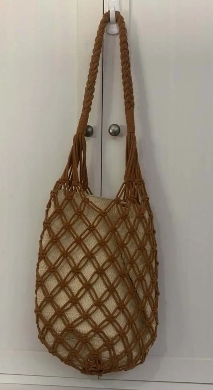 Macrame and Straw Bucket Tote Cottagecore Bag  Braided Handles beachy